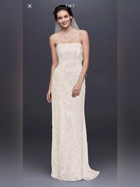 Galina Style: S8551, Size 6 Allover Beaded Lace Sheath Wedding Gown Dress Ivory